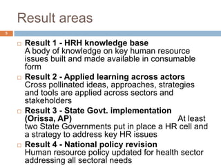 Result areas
5


       Result 1 - HRH knowledge base
        A body of knowledge on key human resource
        issues built and made available in consumable
        form
       Result 2 - Applied learning across actors
        Cross pollinated ideas, approaches, strategies
        and tools are applied across sectors and
        stakeholders
       Result 3 - State Govt. implementation
        (Orissa, AP)                              At least
        two State Governments put in place a HR cell and
        a strategy to address key HR issues
       Result 4 - National policy revision
        Human resource policy updated for health sector
        addressing all sectoral needs
 