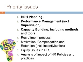 Priority issues
7


        1.   HRH Planning
        2.   Performance Management (incl
             Supervision)
        3.   Capacity Building, including methods
             and tools
        4.   Recruitment process
        5.   Motivation, Compensation and
             Retention (incl. incentivisation)
        6.   Equity issues in HR
        7.   Analysis of impact of HR Policies and
             practices
 
