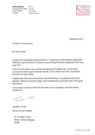 Dr Jonathan Turner- Reference Letter