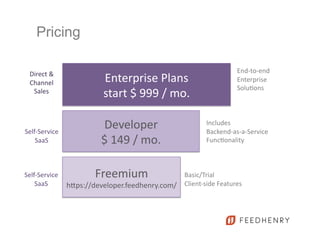 Pricing
Freemium	
  	
  
hKps://developer.feedhenry.com/	
  
Developer	
  
$	
  149	
  /	
  mo.	
  
Enterprise	
  Plans	
  	
  
start	
  $	
  999	
  /	
  mo.	
  
Self-­‐Service	
  
SaaS	
  
Direct	
  &	
  	
  
Channel	
  
Sales	
  
Basic/Trial	
  	
  
Client-­‐side	
  Features	
  	
  
Includes	
  	
  
Backend-­‐as-­‐a-­‐Service	
  
FuncUonality	
  
End-­‐to-­‐end	
  	
  
Enterprise	
  
SoluUons	
  
Self-­‐Service	
  
SaaS	
  
 
