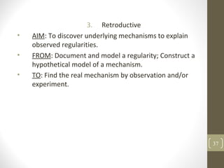 3. Retroductive
• AIM: To discover underlying mechanisms to explain
observed regularities.
• FROM: Document and model a regularity; Construct a
hypothetical model of a mechanism.
• TO: Find the real mechanism by observation and/or
experiment.
37
 