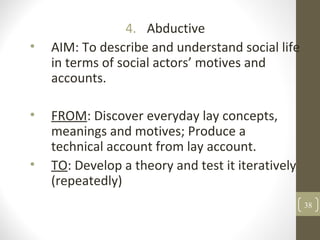 4. Abductive
• AIM: To describe and understand social life
in terms of social actors’ motives and
accounts.
• FROM: Discover everyday lay concepts,
meanings and motives; Produce a
technical account from lay account.
• TO: Develop a theory and test it iteratively
(repeatedly)
38
 