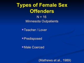 Types of Female Sex Offenders <ul><li>N = 16  </li></ul><ul><li>Minnesota Outpatients </li></ul><ul><ul><ul><ul><ul><li>Te...