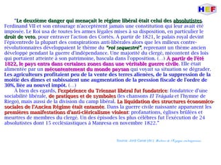 “Le deuxième danger qui menaçait le régime libéral était celui desLe deuxième danger qui menaçait le régime libéral était celui des absolutistesabsolutistes.
Ferdinand VII et son entourage n'acceptèrent jamais une constitution qui leur avait été
imposée. Le Roi usa de toutes les armes légales mises à sa disposition, en particulier le
droit de vetodroit de veto, pour entraver l'action des Cortès. À partir de 1821, le palais royal devint
l'épicentrede la plupart des conspirations anti-libérales alors que les milieux contre-
révolutionnaires développaient le thème du “roi sequestré”“roi sequestré”, reprenant un thème ancien
développé pendant la guerre d'indépendance. Une majorité du clergé, mécontent des lois
qui portaient atteinte à son patrimoine, bascula dans l'opposition. (…) À partir de l'étéÀ partir de l'été
1822, le pays entra dans certaines zones dans une véritable guerre civile1822, le pays entra dans certaines zones dans une véritable guerre civile. Elle était
alimentée par un mécontentement du monde paysanmécontentement du monde paysan qui voyait sa situation se dégrader.
Les agriculteurs profitaient peu de la vente des terres alienées, de la suppression de la
moitié des dîmes et subissaient une augmentation de la pression fiscale de l'ordre de
30%, liée au nouvel impôt. (…)
À bien des egards, l'expérience du Triennat libéral fut fondatricel'expérience du Triennat libéral fut fondatrice: fondatrice d'une
sociabilité libérale, de pratiques et de symbolesde pratiques et de symboles (les chansons El Trágala et l'hymne de
Riego), mais aussi de la division du camp libéral. La liquidation des structures économico-La liquidation des structures économico-
sociales de l'Ancien Régime était entaméesociales de l'Ancien Régime était entamée. Dans la guerre civile naissante apparurent les
premières manifestations d'anti-cléricalisme violentpremières manifestations d'anti-cléricalisme violent: profanations, églises brûlées et
meurtres de membres du clergé. Un des épisodes les plus célèbres fut l'exécution de 24
absolutistes dont 15 ecclésiastiques à Manresa en novembre 1822.”
Source: Jordi Canal (dir.): Histoire de l'Espagne contemporaine.
 