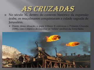 As Guerras MedievaisA guerra na Idade Média era uma das principais formas de obter poder.Os senhores feudais envolviam-se em guerras para aumentar suas terras e o poder. Os cavaleiros formavam a base dos exércitos medievais. Corajosos, leais e equipados com escudos, elmos e espadas, representavam o que havia de mais nobre no período medieval. 