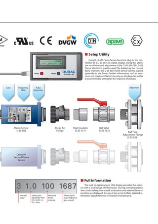 s Setup Utility
Every D-LE 603 Flame Sensor has a test plug for the con-
nection of a D-ZS 087-20 Digital Display. Using this utility,
the installation and adjustment of the D-UG 660 / D-LE 603
Flame Monitor is greatly eased. By displaying the current
flame intensity, the D-LE 603 Flame Sensor can be aligned
optimally to the flame. Further information such as mini-
mum and maximum flame intensity are displayed as well as
a recommended setting for the response threshold.
s Full Information
The built in alphanumeric LCD display provides the opera-
tor with a wide range of information. During normal operation
the current safety time as well as absolute and relative flame in-
tensities are displayed. In case of any error it offers detailed in-
formation about the error to improve maintenance.
 