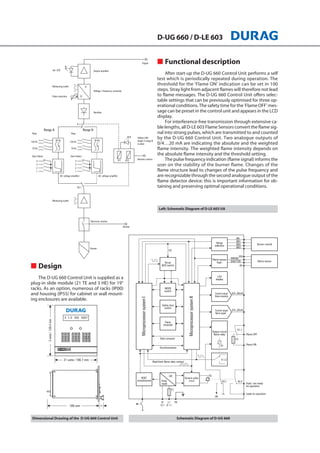 D-UG 660 / D-LE 603
s Functional description
After start-up the D-UG 660 Control Unit performs a self
test which is periodically repeated during operation. The
threshold for the 'Flame ON' indication can be set in 100
steps. Stray light from adjacent flames will therefore not lead
to flame messages. The D-UG 660 Control Unit offers selec-
table settings that can be previously optimised for three op-
erational conditions. The safety time for the 'Flame OFF' mes-
sage can be preset in the control unit and appears in the LCD
display.
For interference-free transmission through extensive ca-
ble lengths, all D-LE 603 Flame Sensors convert the flame sig-
nal into strong pulses, which are transmitted to and counted
by the D-UG 660 Control Unit. Two analogue outputs of
0/4…20 mA are indicating the absolute and the weighted
flame intensity. The weighted flame intensity depends on
the absolute flame intensity and the threshold setting.
The pulse frequency indication (flame signal) informs the
user on the stability of the burner flame. Changes of the
flame structure lead to changes of the pulse frequency and
are recognizable through the second analogue output of the
flame detector device: this is important information for ob-
taining and preserving optimal operational conditions.
s Design
The D-UG 660 Control Unit is supplied as a
plug-in slide module (21 TE and 3 HE) for 19"
racks. As an option, numerous of racks (IP00)
and housing (IP55) for cabinet or wall mount-
ing enclosures are available.
Dimensional Drawing of the D-UG 660 Control Unit Schematic Diagram of D-UG 660
Left: Schematic Diagram of D-LE 603 UA
 