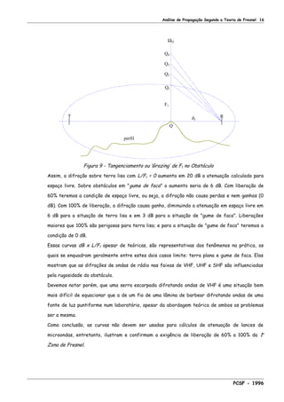 Análise de Propagação Segundo a Teoria de Fresnel 16
ΩQ
perfil
d2
Q4
Q3
Q2
Q1
F1
Q
RT
Figura 9 - Tangenciamento ou ‘Grazing’ de F1 no Obstáculo
Assim, a difração sobre terra lisa com L/F1 = 0 aumenta em 20 dB a atenuação calculada para
espaço livre. Sobre obstáculos em "gume de faca" o aumento seria de 6 dB. Com liberação de
60% teremos a condição de espaço livre, ou seja, a difração não causa perdas e nem ganhos (0
dB). Com 100% de liberação, a difração causa ganho, diminuindo a atenuação em espaço livre em
6 dB para a situação de terra lisa e em 3 dB para a situação de "gume de faca". Liberações
maiores que 100% são perigosas para terra lisa; e para a situação de "gume de faca" teremos a
condição de 0 dB.
Essas curvas dB x L/F1 apesar de teóricas, são representativas dos fenômenos na prática, os
quais se enquadram geralmente entre estes dois casos limite: terra plana e gume de faca. Elas
mostram que as difrações de ondas de rádio nas faixas de VHF, UHF e SHF são influenciadas
pela rugosidade do obstáculo.
Devemos notar porém, que uma serra escarpada difratando ondas de VHF é uma situação bem
mais difícil de equacionar que a de um fio de uma lâmina de barbear difratando ondas de uma
fonte de luz puntiforme num laboratório, apesar da abordagem teórica de ambos os problemas
ser a mesma.
Como conclusão, as curvas não devem ser usadas para cálculos de atenuação de lances de
microondas, entretanto, ilustram e confirmam a exigência de liberação de 60% a 100% da 1a
Zona de Fresnel.
PCSF - 1996
 