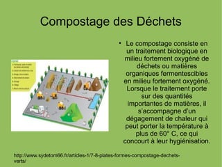 Compostage des Déchets

Le compostage consiste en
un traitement biologique en
milieu fortement oxygéné de
déchets ou matières
organiques fermentescibles
en milieu fortement oxygéné.
Lorsque le traitement porte
sur des quantités
importantes de matières, il
s’accompagne d’un
dégagement de chaleur qui
peut porter la température à
plus de 60° C, ce qui
concourt à leur hygiénisation.
http://www.sydetom66.fr/articles-1/7-8-plates-formes-compostage-dechets-
verts/
 