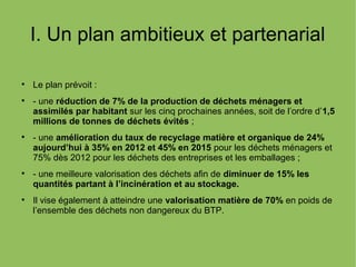 I. Un plan ambitieux et partenarial

Le plan prévoit :

- une réduction de 7% de la production de déchets ménagers et
assimilés par habitant sur les cinq prochaines années, soit de l’ordre d’1,5
millions de tonnes de déchets évités ;

- une amélioration du taux de recyclage matière et organique de 24%
aujourd’hui à 35% en 2012 et 45% en 2015 pour les déchets ménagers et
75% dès 2012 pour les déchets des entreprises et les emballages ;

- une meilleure valorisation des déchets afin de diminuer de 15% les
quantités partant à l’incinération et au stockage.

Il vise également à atteindre une valorisation matière de 70% en poids de
l’ensemble des déchets non dangereux du BTP.
 