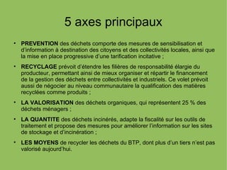 5 axes principaux

PREVENTION des déchets comporte des mesures de sensibilisation et
d’information à destination des citoyens et des collectivités locales, ainsi que
la mise en place progressive d’une tarification incitative ;

RECYCLAGE prévoit d’étendre les filières de responsabilité élargie du
producteur, permettant ainsi de mieux organiser et répartir le financement
de la gestion des déchets entre collectivités et industriels. Ce volet prévoit
aussi de négocier au niveau communautaire la qualification des matières
recyclées comme produits ;

LA VALORISATION des déchets organiques, qui représentent 25 % des
déchets ménagers ;

LA QUANTITE des déchets incinérés, adapte la fiscalité sur les outils de
traitement et propose des mesures pour améliorer l’information sur les sites
de stockage et d’incinération ;

LES MOYENS de recycler les déchets du BTP, dont plus d’un tiers n’est pas
valorisé aujourd’hui.
 