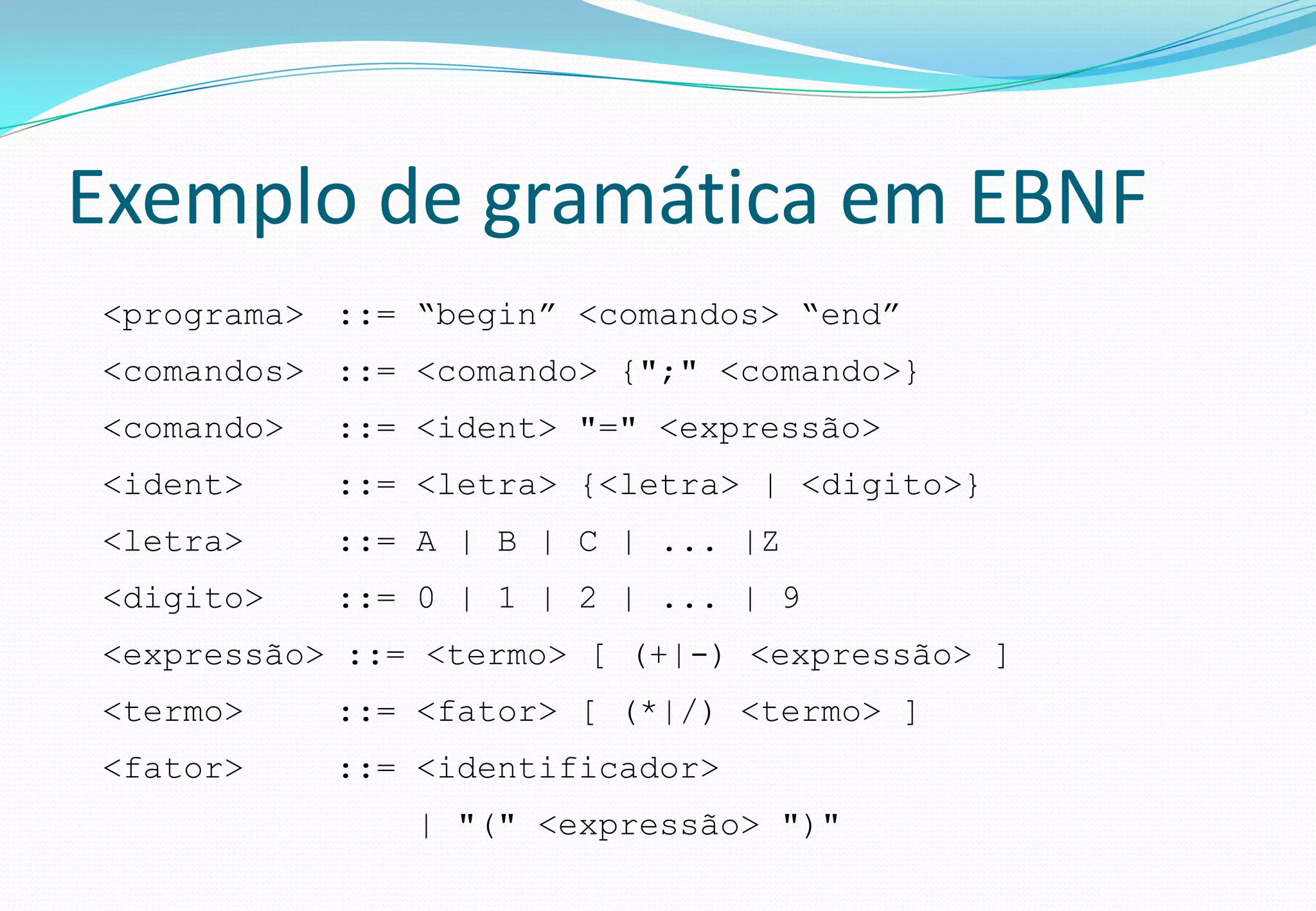 Exemplo de gramática em EBNF
<programa> ::= “begin” <comandos> “end”
<comandos> ::= <comando> {";" <comando>}
<comando> ::= <ident> "=" <expressão>
<ident> ::= <letra> {<letra> | <digito>}
<letra> ::= A | B | C | ... |Z
<digito> ::= 0 | 1 | 2 | ... | 9
<expressão> ::= <termo> [ (+|-) <expressão> ]
<termo> ::= <fator> [ (*|/) <termo> ]
<fator> ::= <identificador>
| "(" <expressão> ")"
 