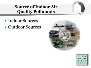 Source of Indoor Air
Quality Pollutants
• Indoor Sources
• Outdoor Sources
 