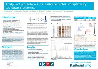 Analysis of proteoforms in membrane protein complexes by
top-down proteomics
Contact information
Hans JCT Wessels, PhD
Radboudumc
Nijmegen
The Netherlands
E: hans.wessels@radboudumc.nl
T: +31-(0)24-3616933
Introduction
• Protein complexes are key players in
important cellular processes
• The exact combinations of amino acid
sequence and post-translational modifications
of subunits (proteoforms) in complexes are
mostly unknown
• Native gel electrophoresis can be used to
isolate protein complexes
• Top-Down proteomics enables the
unambiguous characterization of proteoforms
in complex samples
• At present, no method is available to extract
intact proteins from native electrophoresis
gels for Top-Down proteomics
Objective
Development of a robust extraction method for
sensitive characterization of subunit proteoforms
in membrane protein complexes isolated by
native gel electrophoresis.
Results
• Unbiased extraction of subunits
• Top-Down proteomics detected 28 out of 30
subunits (93% coverage)
• Missing subunits were extremely hydrophobic
proteins
• 120 proteoforms could be identified
• Various PTMs were detected such as
phosphorylation, acetylation and formylation
Conclusions
We have established an unbiased extraction
method for Top-Down proteomics of protein
complexes isolated by native gel electrophoresis.
Application of nanoflow LC-UHR Qq ToF MS/MS
enabled sensitive detection of different
proteoforms for nearly all subunits of CIV and CV
from Bovine heart mitochondria.
J. Wessels1, S. Guerrero-Castillo1, R. Tans1, P. Schmit2, K. Marx3, S. Pengelley3, A. van Gool1
¹Radboudumc, Nijmegen (NL); ²Bruker Daltonique S.A., Wissembourg (FR); ³Bruker Daltonik GmbH, Bremen (GER)
Protein complex Subunits Top-Down
subunits
Top-Down
proteoforms
Bottom-Up
subunits
Complex IV 14 12 (86%) 53 14 (100%)
Complex V 16 16 (100%) 67 14 (88%)
Methods
Mitochondrial membrane complexes were
isolated from Bovine heart and separated by
native gel electrophoresis. Gel slices containing
the complexes were cut from the gel to extract
intact subunits. Extracted proteins from each
complex were analyzed by SDS-PAGE to assess
the extraction efficiency. Complexes IV and V
were analyzed by Top-Down and tryptic Bottom-
Up proteomics.
8700 8750 8800 8850 8900 8950 m/z
0
1
2
3
4
5
6
6x10
Intens.
0
1
2
3
4x10
Intens.
8715 8720
ATP5J [AA 33-108]
Compound 15
Retention time: 14.0 min
Measured Mr: 8952.5043Da
Calculated Mr: 8952.4960 Da
Mass error: 0.0083 Da (0.93 ppm)
ATP5J [AA 34-108]
Compound 14
Retention time: 13.9 min
Measured Mr: 8838.4633Da
Calculated Mr: 8838.4531 Da
Mass error: 0.0102 Da (1.16 ppm)
ATP5J [AA 35-108]
Compound 16
Retention time: 14.3 min
Measured Mr: 8710.3599 Da
Calculated Mr: 8710.3581 Da
Mass error: 0.0012 Da (0.21 ppm)
-Asn (N)-Lys (K)
26
21
329
3
5
6
23
30
11
18
14
24
19
7 12 2917 25104 13 2815 22 27 3320 31
1 1682
15
10
2417
32297
4121
12
13
31
28
11
18
26 345 25 4316141 489 39362319 37 4530 3327 448 4022 35 4220 382 3 4 6
0
1
2
3
4
5
6x10
Intens.
0.0
0.5
1.0
1.5
2.0
2.5
7x10
10 12 14 16 18 20 22 Time [min]
Cytochrome c oxidase (CIV)
ATP Synthase (CV)
Extraction method: 100 µg of Bovine heart mitochondrial protein was
separated by native gel electrophoresis. Complexes of interest were cut
from the gel, snap-frozen, crushed and incubated in detergent buffer.
Subsequently, the detergent buffer was exchanged for Urea.
SDS-PAGE: Protein complex extracts were separated by SDS-PAGE and
visualized by silver staining to assess the extraction efficiency at the
subunit-level.
LC-MS/MS: Complex IV and V extracts were analyzed directly by liquid
chromatography with online tandem mass spectrometry (maXis 4G ETD and
Impact II; Bruker Daltonics). 10µl sample (20% of extracted volume) was
loaded onto the trapping column (Acclaim PepMap C4; Thermo Scientific).
Proteins were separated on a 0.150 x 150mm PLRP-S column (Michrom) at
30° C using a 30 minutes linear gradient of 10-80% acetonitrile / 0.1%
formic acid. Data-dependent CID MS/MS spectra were recorded. For
Bottom-Up proteomics complex IV and V extracts were subjected to in-
solution tryptic digestion and analyzed by liquid chromatography with
online tandem mass spectrometry (maXis 4G ETD and amaZon speed ETD;
Bruker Daltonics). Peptides were separated using a 0.075 x 150mm C18 RP
column (Acclaim RSLC 120 C18; Thermo scientific) at 40° C and a 240
minutes linear gradient of 5-45% acetonitrile / 0.1% formic acid. Data-
dependent CID and ETD fragmentation spectra were recorded. Data were
analyzed in DataAnalysis 4.2, BioTools 3.2, ProteinScape 3.1 (Bruker
Daltonics) and MASCOT V2.4 (Matrix Science).
• Multiple subunits showed ragged N-termini
• The equivalent of 10µg of total mitochondrial
protein on column was required to detect the
dominant proteoforms
Figure 2: Extracted ion chromatograms of intact subunits (Dissect features)
of complex IV and V.
Figure 3: (A) Deconvoluted MS spectrum of ATP5J proteoforms with
differentially processed N-terminus. This spectrum shows the charge
deconvoluted (MaxEnt) spectral peaks of the complex V ATP5J subunit with
mitochondrial import sequence cleavage at amino acid positions 33, 34 and
35 of the canonical protein sequence. (B) Annotated charge deconvoluted
(SNAP2) CID MS/MS spectrum in BioTools of the Mr 8952.5043 Da ATP5J
[AA 33-108] subunit.
Figure 1: (A) Coomassie stained native electrophoresis gel of Bovine heart
mitochondrial complexes and (B) silver stained SDS-PAGE of the protein
extracts. The DDM lane of the SDS-PAGE serves as control of each complex
for unbiased extraction. The urea gel lane is the protein extract used for LC-
MSn analysis.
27
21
3
5
6
23
30
11
18
14
24
19
7 2912 17 25
104 2813 15 2622 3320 31
1 16 3282 9
24
327
21
12
13
15
31
28
11
1810
26 345 432516141 489 3917 36
2319 37 4530 3327 448
29 4022
35 424120 382 3 64
0
1
2
3
4
5
6x10
Intens.
0.0
0.5
1.0
1.5
2.0
2.5
7x10
Intens.
10 12 14 16 18 20 22 Time [min]
Cytochrome c oxidase (CIV)
ATP Synthase (CV)
Table 1: Top-Down and Bottom-Up proteomics results
(A) (B) (A)
(B)
 