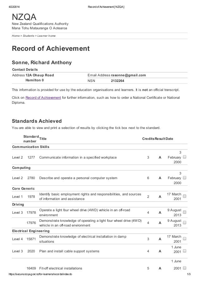 Record of Achievement [ NZQA ]