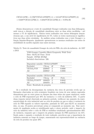 103
CICLO LPIB = 0.1760*CICLO LPIMPF(-1) + 0.0142*CICLO LPIMPF(-2)
+ 0.6297*CICLO LPIB(-1) - 0.2043*CICLO LPIB(-2) + 9.978e-06
(10)
Abaixo demonstra-se o teste de causalidade Granger realizados com duas defasagens,
onde tem-se a dire¸c˜ao de causalidade simultˆanea entre as duas s´eries escolhidas - at´e
mesmo a 1% de signiﬁcˆancia. Outros testes realizados com outras defasagens demon-
straram que, a um n´ıvel de signiﬁcˆancia de 5%, todos os testes mostraram-se signiﬁca-
tivos nas duas s´eries estudadas. As an´alises acima realizadas com o teste Granger e a
fun¸c˜ao Impulso-Resposta, igualmente apresentaram os mesmos resultados nos testes de
estabilidade do modelo segundo suas ra´ızes inversas.
Tabela 15: Teste de causalidade Granger do ciclo do PIB e do ciclo da ind´ustria - de 1957
a 2013
VAR Granger Causality/Block Exogeneity Wald Tests
Date: 03/01/16 Time: 10:44
Sample: 1957Q1 2013Q4
Included observations: 226
Dependent variable: CICLO LPIMPF
Excluded Chi-sq df Prob.
CICLOLPIB 2339947 2 0.0000
All 2339947 2 0.0000
Dependent variable: CICLO LPIB
Excluded Chi-sq df Prob.
CICLOLPIMPF 1094970 2 0.0042
All 1094970 2 0.0042
Fonte: Resultado da pesquisa
J´a o resultado da decomposi¸c˜ao da variˆancia dos erros de previs˜ao revela que as
ﬂutua¸c˜oes observadas no ciclo econˆomico brasileiro em torno de seus valores esperados
demonstram que no curto prazo os choques das duas s´eries s˜ao quase sim´etricos, sendo
o ciclo do PIB respons´avel por 48% da variˆancia e o ciclo da ind´ustria 52%. A partir
dessa resposta inicial observada no primeiro per´ıodo, veriﬁca-se um aumento da repre-
sentatividade do ciclo industrial ante ao ciclo do produto no que se refere `a variˆancia do
ciclo do PIB segundo os valores esperados, passando de 52% para 62,5% no momento
dois, ou seja, 10 pontos percentuais acima se comparado ao momento um. Esse movi-
mento de amplia¸c˜ao acaba se estabilizando ap´os o oitavo per´ıodo, onde o impacto do
ciclo da ind´ustria sobre o ciclo do PIB se estabiliza totalizando aproximadamente 69%
da variˆancia, enquanto que o impacto da pr´opria varia¸c˜ao do PIB mantem-se em 31%.
Sendo assim e segundo o resultado do teste realizado, percebe-se que a importˆancia da
ind´ustria aumenta ao longo do tempo, aumentando sua representatividade na variˆancia
do ciclo do produto em quase 20%.
 
