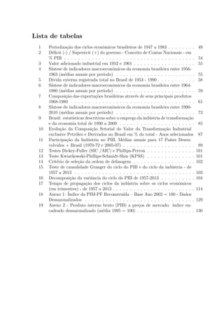 Lista de tabelas
1 Periodiza¸c˜ao dos ciclos econˆomicos brasileiros de 1947 a 1983 . . . . . . . . 49
2 D´eﬁcit (-) / Super´avit (+) do governo - Conceito de Contas Nacionais - em
% PIB . . . . . . . . . . . . . . . . . . . . . . . . . . . . . . . . . . . . . . 54
3 Valor adicionado industrial em 1952 e 1961 . . . . . . . . . . . . . . . . . . 55
4 S´ıntese de indicadores macroeconˆomicos da economia brasileira entre 1956-
1963 (m´edias anuais por per´ıodo) . . . . . . . . . . . . . . . . . . . . . . . 55
5 D´ıvida externa registrada total no Brasil de 1953 - 1990 . . . . . . . . . . . 58
6 S´ıntese de indicadores macroeconˆomicos da economia brasileira entre 1964-
1980 (m´edias anuais por per´ıodo) . . . . . . . . . . . . . . . . . . . . . . . 59
7 Composi¸c˜ao das exporta¸c˜oes brasileiras atrav´es de seus principais produtos
1968-1980 . . . . . . . . . . . . . . . . . . . . . . . . . . . . . . . . . . . . 61
8 S´ıntese de indicadores macroeconˆomicos da economia brasileira entre 1990-
2010 (m´edias anuais por per´ıodo) . . . . . . . . . . . . . . . . . . . . . . . 73
9 Brasil: estat´ısticas descritivas sobre o emprego da ind´ustria de transforma¸c˜ao
e da economia total de 1990 a 2009 . . . . . . . . . . . . . . . . . . . . . . 85
10 Evolu¸c˜ao da Composi¸c˜ao Setorial do Valor da Transforma¸c˜ao Industrial
exclusive Petr´oleo e Derivados no Brasil em % do total - Anos selecionados 87
11 Participa¸c˜ao da Ind´ustria no PIB, M´edias anuais para 17 Pa´ıses Desen-
volvidos + Brasil (1970-72 e 2005-07) . . . . . . . . . . . . . . . . . . . . . 89
12 Testes Dickey-Fuller (SIC /AIC) e Phillips-Perron . . . . . . . . . . . . . . 101
13 Teste Kwiatkowski-Phillips-Schmidt-Shin (KPSS) . . . . . . . . . . . . . . 101
14 Crit´erio de sele¸c˜ao da ordem de defasagem . . . . . . . . . . . . . . . . . . 102
15 Teste de causalidade Granger do ciclo do PIB e do ciclo da ind´ustria - de
1957 a 2013 . . . . . . . . . . . . . . . . . . . . . . . . . . . . . . . . . . . 103
16 Decomposi¸c˜ao da variˆancia do ciclo do PIB de 1957-2013 . . . . . . . . . . 104
17 Tempo de propaga¸c˜ao dos ciclos da ind´ustria sobre os ciclos econˆomicos
(em trimestres) - de 1957 a 2013 . . . . . . . . . . . . . . . . . . . . . . . . 114
18 Anexo 1: ´Indice da PIM-PF Reconstru´ıda – Base Ano 2002 = 100 - Dados
Dessazonalizados . . . . . . . . . . . . . . . . . . . . . . . . . . . . . . . . 129
19 Anexo 2 - Produto interno bruto (PIB) a pre¸cos de mercado: ´ındice en-
cadeado dessazonalizado (m´edia 1995 = 100) . . . . . . . . . . . . . . . . . 130
 