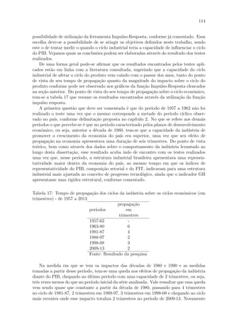 114
possibilidade de utiliza¸c˜ao da ferramenta Impulso-Resposta, conforme j´a comentado. Essa
escolha deve-se a possibilidade de se atingir os objetivos deﬁnidos neste trabalho, sendo
este o de tentar medir o quando o ciclo industrial teria a capacidade de inﬂuenciar o ciclo
do PIB. Vejamos quais as conclus˜oes podem ser elaboradas atrav´es do resultado dos testes
realizados.
De uma forma geral pode-se aﬁrmar que os resultados encontrados pelos testes apli-
cados est˜ao em linha com a literatura consultada, sugerindo que a capacidade do ciclo
industrial de afetar o ciclo do produto vem caindo com o passar dos anos, tanto do ponto
de vista de seu tempo de propaga¸c˜ao quanto da magnitude do impacto sobre o ciclo do
produto conforme pode ser observado nos gr´aﬁcos da fun¸c˜ao Impulso-Resposta elencados
na se¸c˜ao anterior. Do ponto de vista do seu tempo de propaga¸c˜ao sobre o ciclo econˆomico,
tem-se a tabela 17 que resume os resultados encontrados atrav´es da utiliza¸c˜ao da fun¸c˜ao
impulso resposta.
A primeira quest˜ao que deve ser comentada ´e que do per´ıodo de 1957 a 1962 n˜ao foi
realizado o teste uma vez que o mesmo corresponde a metade do per´ıodo c´ıclico obser-
vado no pa´ıs, conforme delimita¸c˜ao proposta no cap´ıtulo 2. No que se refere aos demais
per´ıodos o que percebe-se ´e que no per´ıodo caracterizado pelos planos de desenvolvimento
econˆomico, ou seja, anterior a d´ecada de 1980, tem-se que a capacidade da ind´ustria de
promover o crescimento da economia do pa´ıs era superior, uma vez que seu efeito de
propaga¸c˜ao na economia apresentava uma dura¸c˜ao de seis trimestres. Do ponto de vista
te´orico, bem como atrav´es dos dados sobre o comportamento da ind´ustria levantado ao
longo desta disserta¸c˜ao, esse resultado acaba indo de encontro com os testes realizados
uma vez que, nesse per´ıodo, a estrutura industrial brasileira apresentava uma represen-
tatividade maior dentro da economia do pa´ıs, ao mesmo tempo em que os ´ındices de
representatividade do PIB, composi¸c˜ao setorial e do PIT, indicavam para uma estrutura
industrial mais ajustada ao conceito de progresso tecnol´ogico, ainda que o indicador GH
apresentasse uma rigidez estrutural, conforme comentado.
Tabela 17: Tempo de propaga¸c˜ao dos ciclos da ind´ustria sobre os ciclos econˆomicos (em
trimestres) - de 1957 a 2013
propaga¸c˜ao
per´ıodos em
trimestres
1957-62 -
1963-80 6
1981-87 4
1988-97 2
1998-08 3
2009-13 2
Fonte: Resultado da pesquisa
Na medida em que se tem os impactos das d´ecadas de 1980 e 1990 e as medidas
tomadas a partir desse per´ıodo, tem-se uma queda nos efeitos de propaga¸c˜ao da ind´ustria
diante do PIB, chegando ao ´ultimo per´ıodo com uma capacidade de 2 trimestres, ou seja,
trˆes vezes menos do que no per´ıodo inicial da s´erie analisada. Vale ressaltar que essa queda
vem sendo quase que constante a partir da d´ecada de 1980, passando para 4 trimestres
no ciclo de 1981-87, 2 trimestres em 1988-97, 3 trimestres em 1998-08 e chegando ao ciclo
mais recentes onde esse impacto totaliza 2 trimestres no per´ıodo de 2009-13. Novamente
 
