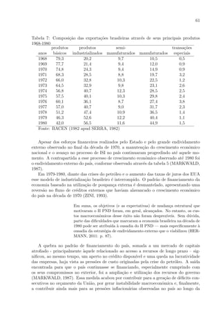 61
Tabela 7: Composi¸c˜ao das exporta¸c˜oes brasileiras atrav´es de seus principais produtos
1968-1980
produtos produtos semi- transa¸c˜oes
anos b´asicos industrializados manufaturados manufaturados especiais
1968 79,3 20,2 9,7 10,5 0,5
1969 77,7 21,4 9,4 12,0 0,9
1970 74,8 24,3 9,4 14,9 0,9
1971 68,3 28,5 8,8 19,7 3,2
1972 66,0 32,8 10,3 22,5 1,2
1973 64,5 32,9 9,8 23,1 2,6
1974 56,8 40,7 12,3 28,5 2,5
1975 57,5 40,1 10,3 29,8 2,4
1976 60,1 36,1 8,7 27,4 3,8
1977 57,0 40,7 9,0 31,7 2,3
1978 51,2 47,4 10,9 36,5 1,4
1979 46,3 52,6 12,2 40,4 1,1
1980 42,0 56,5 11,6 44,9 1,5
Fonte: BACEN (1982 apud SERRA, 1982)
Apesar dos esfor¸cos ﬁnanceiros realizados pelo Estado e pelo grande endividamento
externo observado no ﬁnal da d´ecada de 1970, a manuten¸c˜ao do crescimento econˆomico
nacional e o avan¸co no processo de ISI no pa´ıs continuaram progredindo at´e aquele mo-
mento. A contrapartida a esse processo de crescimento econˆomico observado at´e 1980 foi
o endividamento externo do pa´ıs, conforme observado atrav´es da tabela 5 (MARKWALD,
1987).
Em 1979-1980, diante das crises do petr´oleo e o aumento das taxas de juros dos EUA
esse modelo de industrializa¸c˜ao brasileiro ´e interrompido. O padr˜ao de ﬁnanciamento da
economia baseado na utiliza¸c˜ao de poupan¸ca externa ´e desmantelado, apresentando uma
revers˜ao no ﬂuxo de cr´editos externos que haviam alavancado o crescimento econˆomico
do pa´ıs na d´ecada de 1970 (ZINI, 1993).
Em suma, os objetivos (e as expectativas) de mudan¸ca estrutural que
motivaram o II PND foram, em geral, alcan¸cados. No entanto, os cus-
tos macroeconˆomicos desse ˆexito n˜ao foram desprez´ıveis. Sem d´uvida,
parte das diﬁculdades que marcaram a economia brasileira na d´ecada de
1980 pode ser atribu´ıda `a ousadia do II PND — mais especiﬁcamente `a
ousadia da estrat´egia de endividamento externo que o viabilizou (HER-
MANN, 2011: p. 87).
A quebra no padr˜ao de ﬁnanciamento do pa´ıs, somada a um mercado de capitais
atroﬁado - principalmente `aquele relacionado ao acesso a recursos de longo prazo – sig-
niﬁcou, ao mesmo tempo, um aperto no cr´edito dispon´ıvel e uma queda na lucratividade
das empresas, haja vista as press˜oes de custo originadas pela crise do petr´oleo. A sa´ıda
encontrada para que o pa´ıs continuasse se ﬁnanciando, especialmente cumprindo com
os seus compromissos no exterior, foi a amplia¸c˜ao e utiliza¸c˜ao dos recursos do governo
(MARKWALD, 1987). Essa medida acabou por contribuir para a gera¸c˜ao de d´eﬁcits con-
secutivos no or¸camento da Uni˜ao, por gerar instabilidade macroeconˆomica e, ﬁnalmente,
a contribuir ainda mais para as press˜oes inﬂacion´arias observadas no pa´ıs ao longo da
 