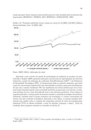 86
cando que parte desse consumo nesse per´ıodo possa ter sido atendida pelo incremento das
importa¸c˜oes (BONELLI e PESSˆOA, 2011; BONELLI e GONC¸ALVES, 1998).
Gr´aﬁco 16: Produ¸c˜ao industrial versus vendas no varejo de 01/2003 `a 02/2014 (´Indices
dessazonalizados, base: 01.2003=100)
Fonte: IBGE (2016), elabora¸c˜ao do autor
Adicional a esse conceito de queda da participa¸c˜ao da ind´ustria no produto do pa´ıs,
Carvalho e Kupfer (2008) apontam ainda para um processo de especializa¸c˜ao da estrutura
industrial, a partir da utiliza¸c˜ao do coeﬁciente Gini-Hirschmann (GH)34
e do Parˆametro
de Intensidade Tecnol´ogica (PIT). A interpreta¸c˜ao dada ao primeiro indicador, que mede
o grau de concentra¸c˜ao industrial de uma determinada economia, passa pelo entendimento
de que caso o mesmo totalizasse 100, isso signiﬁcaria em termos pr´aticos que esta econo-
mia estaria baseada somente numa atividade produtiva ao passo que o seu inverso, ou seja,
mais pr´oximo de zero, mais diversiﬁcada seria a sua estrutura produtiva. Com rela¸c˜ao ao
segundo indicador, o mesmo mede de maneira sum´aria o conte´udo tecnol´ogico da estrutura
industrial, variando entre 0 (pouco intensivo em tecnologia) e 1 (muito concentrado em
setores com alto conte´udo tecnol´ogico) Associado a este ´ındice, os autores tamb´em elab-
oraram uma an´alise sobre a evolu¸c˜ao da composi¸c˜ao setorial do valor da transforma¸c˜ao
industrial (VTI) no Brasil excluindo o setor de petr´oleo (extra¸c˜ao e reﬁno). Parte do
resultado dessa pesquisa encontra-se resumida na tabela 10
34
Para mais detalhes sobre o ´ındice e outras quest˜oes metodol´ogicas sobre o estudo ver Carvalho e
Kupfer (2008).
 