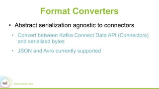 Format Converters
• Abstract serialization agnostic to connectors
• Convert between Kafka Connect Data API (Connectors)
and serialized bytes
• JSON and Avro currently supported
 