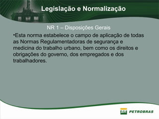 Legislação e Normalização
NR 1 – Disposições Gerais
•Esta norma estabelece o campo de aplicação de todas
as Normas Regulamentadoras de segurança e
medicina do trabalho urbano, bem como os direitos e
obrigações do governo, dos empregados e dos
trabalhadores.
 