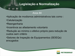 Legislação e Normalização
Anos 80
•Aplicação de modismos administrativos tais como :
•Celularização
•Reengenharia
•Incentivos ao afastamento voluntario
•Redução ao mínimo o efetivo próprio para redução de
custos sem critério
•Setores de Inspeção de Equipamentos (SEIEQs)
enxugados
 