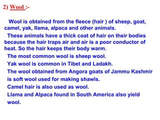 2) Wool :-
Wool is obtained from the fleece (hair ) of sheep, goat,
camel, yak, llama, alpaca and other animals.
These animals have a thick coat of hair on their bodies
because the hair traps air and air is a poor conductor of
heat. So the hair keeps their body warm.
The most common wool is sheep wool.
Yak wool is common in Tibet and Ladakh.
The wool obtained from Angora goats of Jammu Kashmir
is soft wool used for making shawls.
Camel hair is also used as wool.
Llama and Alpaca found in South America also yield
wool.
 