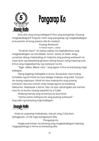 20
Sino-sino ang iyong kaibigan? Ano ang pangarap ninyong
magkakaibigan? Tingnan natin ang pangarap ng magkakaibigan
sa kuwento at kung paano nila ito naabot.
Pulang Watawat
ni Maria Hazel J. Derla
“Unahan tayo!” At sabay-sabay na nagtakbuhan ang
magkakaibigan na sina Bobie, Anna, Jacko at Mark. Mag-
uunahan silang makarating at makuha ang pulang watawat na
nasa dulo ng kalsadang ginawa nilang laruan nang hapong iyon.
Si Eva ang nagbabantay ng watawat na ito.
“Sige, takbo. Bilisan niyo,” ang sigaw ni Eva sa kaniyang mga
kaibigan.
Nang biglang matapilok si Anna. Sinubukan niya muling
tumakbo ngunit hindi na niya talaga makaya ang sakit. Tuluyan
na siyang napaupo. Hindi na niya makukuha ang pulang
watawat. Siya pa naman ang nangunguna sa kanilang
takbuhan. Napaiyak si Anna, talo na siya. Ipinangako pa naman
niya ito sa bunso niyang kapatid na si Celia.
Walong kamay ang sa kaniya ay bumuhat.
“Sama-sama nating kunin ang pulang watawat,”
ang sabi ng kaniyang mga kaibigan.
Mula sa usapang mababasa, tukuyin ang (1)tauhan,
(2)tagpuan, at (3) mga pangyayari dito.
Pangarap Ko
Nagkuwentuhan na lamang ang magkakaibigan habang
nagpapahinga si Anna sa kaniyang silid.
 