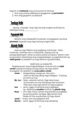 25
Sagutin sa notebook ang sumusunod na tanong:
1. Ano ang unang hakbang sa paggawa ng penholder?
2. Ano ang gagawin sa diyaryo?
Upang masagot ang mga tanong tungkol sa binasa ko,
kailangan kong ______________.
Basahin ang nakapaskil na paraan sa paggawa ng isang
pinwheel. Sagutan ang mga tanong tungkol dito.
Likas sa mga Pilipino ang pagiging matulungin. Bata,
matanda, mahirap man o mayaman, kapag oras ng
pangangailangan, lahat ay bukas-palad sa kapwa. Alamin natin
kung paano nakatulong ang magkakaibigan sa paghahanda ng
relief goods na dadalhin sa mga biktima ng kalamidad.
Maliit Man ay Malaki Rin
Nagkayayaan ang magkakaibigan na pumunta sa relief
center upang tumulong sa pag-aayos ng mga damit
at pagkain na dadalhin sa evacuation center.
Janet : Magandang umaga po. Ako po si
Janet at sila ang aking mga kaibigan. Tutulong
po kami sa inyo.
Bb. Luz : Naku, salamat naman. Sige doon kayo
pumuwesto sa may bandang dulo sa kanan.
Paki-ayos ang mga damit at mga pagkain.
Lea : Jenny, tayo na lamang ang maglagay
ng dalawang noodles sa lahat ng plastic bag.
Rosa : Lino, Eldy. Kayo naman ang bahala sa pagkikilo
ng sampung kilo ng bigas. Sila naman nina
Ferdie at Fina ang bahala sa mga damit.
Janet : E ako, ano ang gagawin ko?
Myrna : Janet, tayo na lamang ang bahalang
 