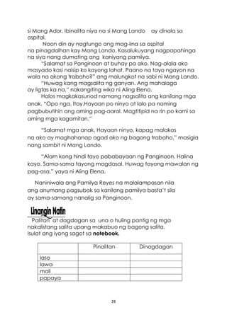 28
si Mang Ador. Ibinalita niya na si Mang Lando ay dinala sa
ospital.
Noon din ay nagtungo ang mag-iina sa ospital
na pinagdalhan kay Mang Lando. Kasalukuyang nagpapahinga
na siya nang dumating ang kaniyang pamilya.
“Salamat sa Panginoon at buhay pa ako. Nag-alala ako
masyado kasi naisip ko kayong lahat. Paano na tayo ngayon na
wala na akong trabaho?” ang malungkot na sabi ni Mang Lando.
“Huwag kang magsalita ng ganyan. Ang mahalaga
ay ligtas ka na,” nakangiting wika ni Aling Elena.
Halos magkakasunod namang nagsalita ang kanilang mga
anak. “Opo nga, Itay.Hayaan po ninyo at lalo pa naming
pagbubutihin ang aming pag-aaral. Magtitipid na rin po kami sa
aming mga kagamitan.”
“Salamat mga anak. Hayaan ninyo, kapag malakas
na ako ay maghahanap agad ako ng bagong trabaho,” masigla
nang sambit ni Mang Lando.
“Alam kong hindi tayo pababayaan ng Panginoon. Halina
kayo. Sama-sama tayong magdasal. Huwag tayong mawalan ng
pag-asa,” yaya ni Aling Elena.
Naniniwala ang Pamilya Reyes na malalampasan nila
ang anumang pagsubok sa kanilang pamilya basta’t sila
ay sama-samang nanalig sa Panginoon.
Palitan at dagdagan sa una o huling pantig ng mga
nakalistang salita upang makabuo ng bagong salita.
Isulat ang iyong sagot sa notebook.
Pinalitan Dinagdagan
laso
lawa
mali
papaya
 