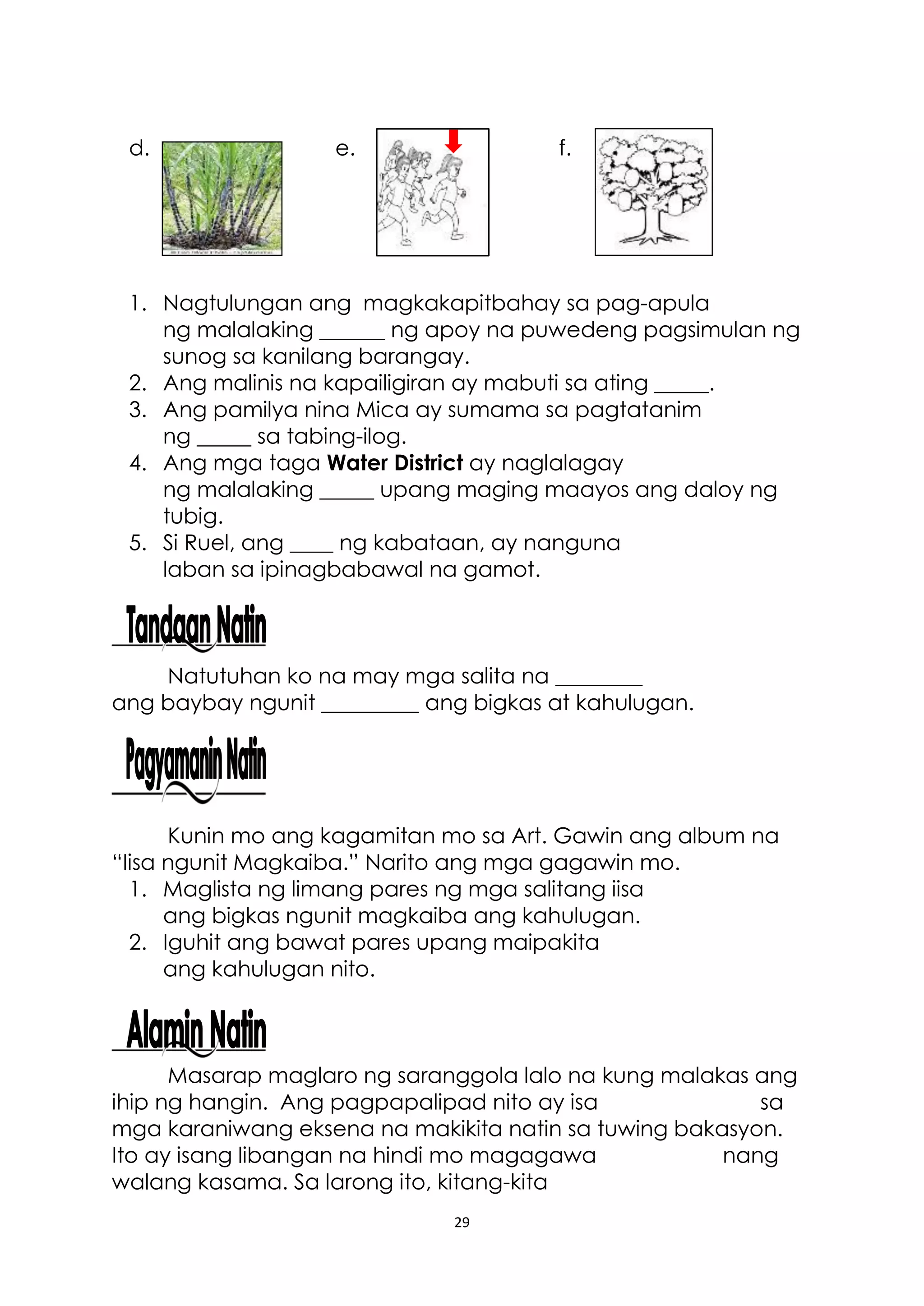 29
d. e. f.
1. Nagtulungan ang magkakapitbahay sa pag-apula
ng malalaking ______ ng apoy na puwedeng pagsimulan ng
sunog sa kanilang barangay.
2. Ang malinis na kapailigiran ay mabuti sa ating _____.
3. Ang pamilya nina Mica ay sumama sa pagtatanim
ng _____ sa tabing-ilog.
4. Ang mga taga Water District ay naglalagay
ng malalaking _____ upang maging maayos ang daloy ng
tubig.
5. Si Ruel, ang ____ ng kabataan, ay nanguna
laban sa ipinagbabawal na gamot.
Natutuhan ko na may mga salita na ________
ang baybay ngunit _________ ang bigkas at kahulugan.
Kunin mo ang kagamitan mo sa Art. Gawin ang album na
“Iisa ngunit Magkaiba.” Narito ang mga gagawin mo.
1. Maglista ng limang pares ng mga salitang iisa
ang bigkas ngunit magkaiba ang kahulugan.
2. Iguhit ang bawat pares upang maipakita
ang kahulugan nito.
Masarap maglaro ng saranggola lalo na kung malakas ang
ihip ng hangin. Ang pagpapalipad nito ay isa sa
mga karaniwang eksena na makikita natin sa tuwing bakasyon.
Ito ay isang libangan na hindi mo magagawa nang
walang kasama. Sa larong ito, kitang-kita
 