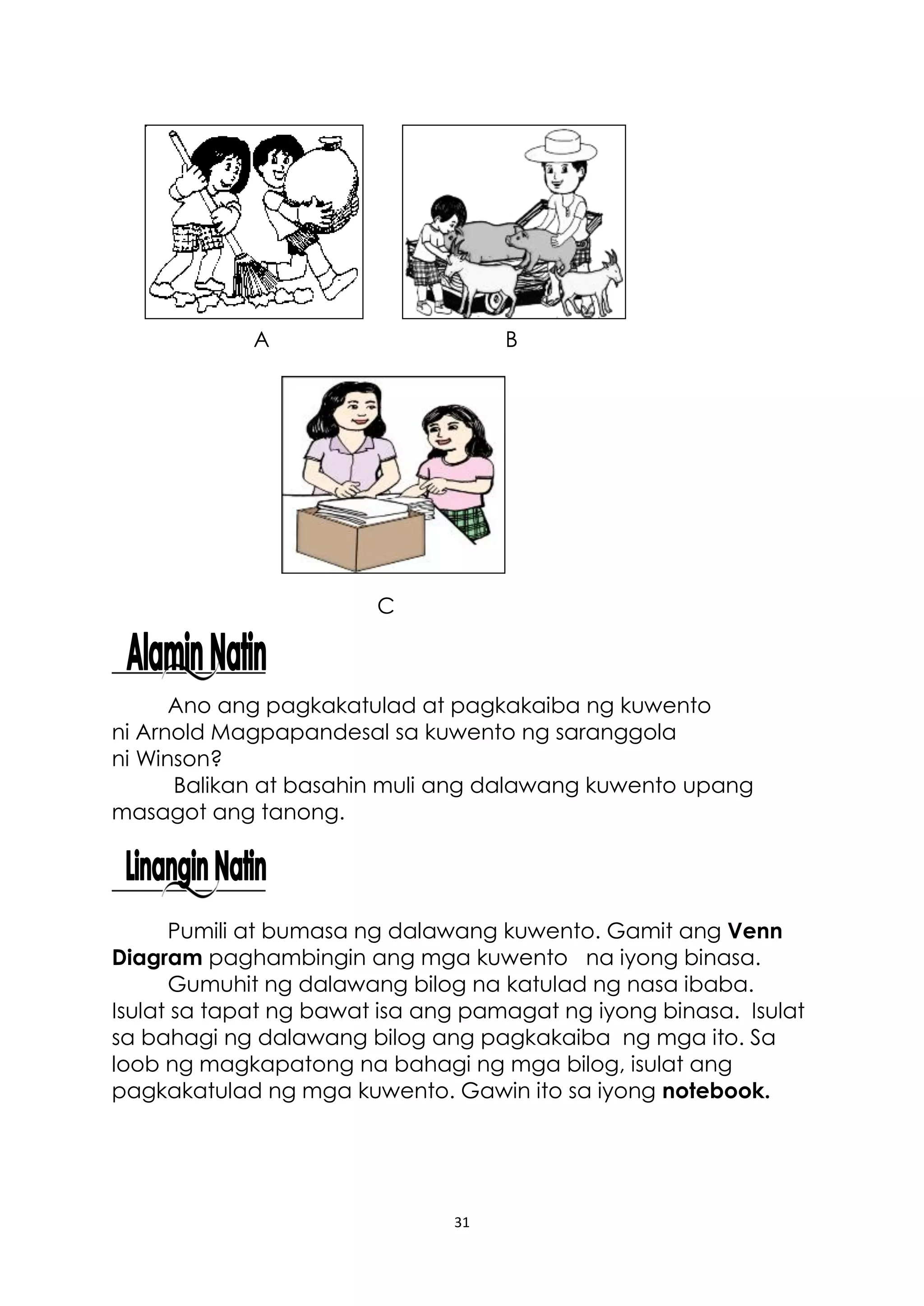 31
A B
C
Ano ang pagkakatulad at pagkakaiba ng kuwento
ni Arnold Magpapandesal sa kuwento ng saranggola
ni Winson?
Balikan at basahin muli ang dalawang kuwento upang
masagot ang tanong.
Pumili at bumasa ng dalawang kuwento. Gamit ang Venn
Diagram paghambingin ang mga kuwento na iyong binasa.
Gumuhit ng dalawang bilog na katulad ng nasa ibaba.
Isulat sa tapat ng bawat isa ang pamagat ng iyong binasa. Isulat
sa bahagi ng dalawang bilog ang pagkakaiba ng mga ito. Sa
loob ng magkapatong na bahagi ng mga bilog, isulat ang
pagkakatulad ng mga kuwento. Gawin ito sa iyong notebook.
 