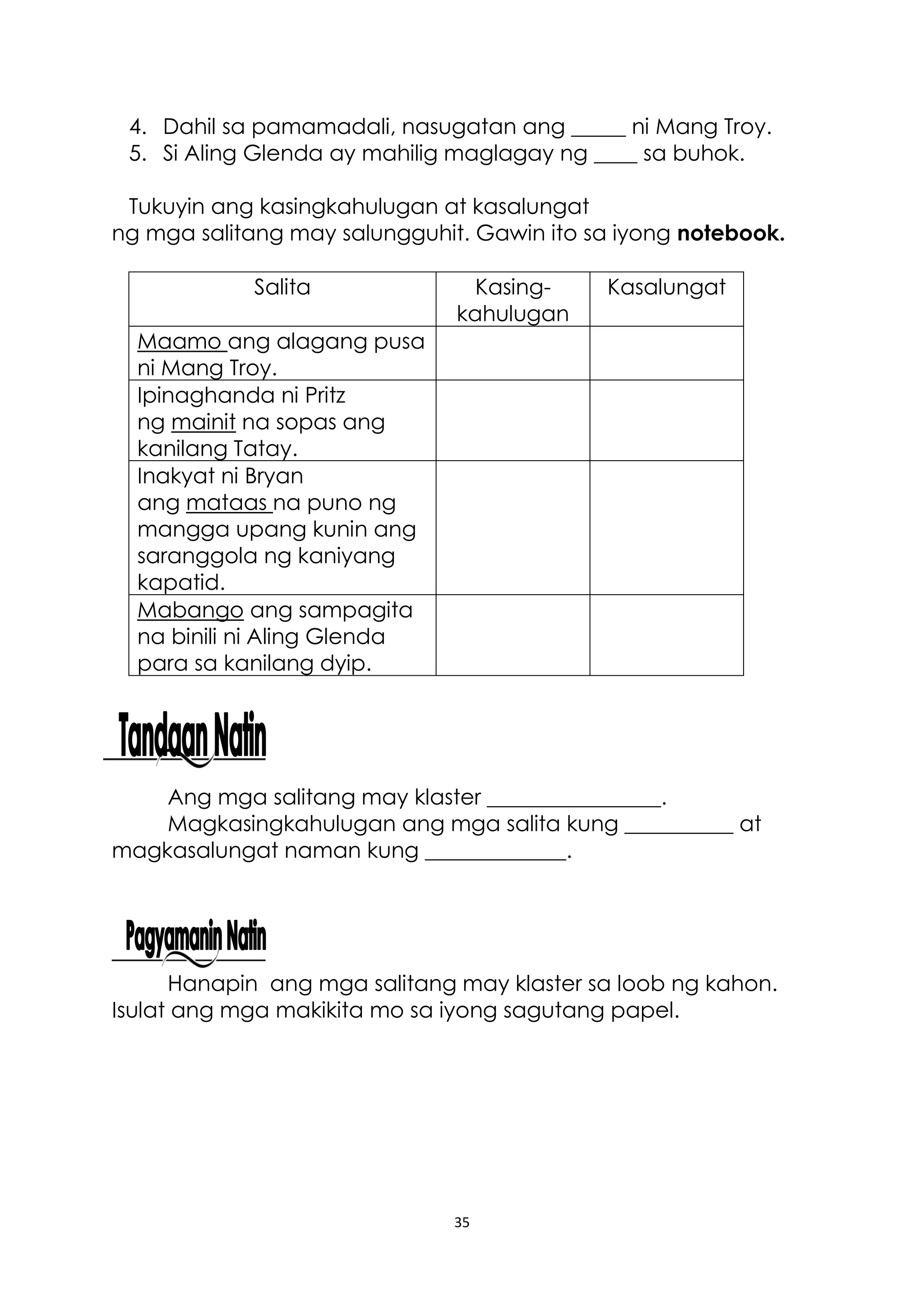 35
4. Dahil sa pamamadali, nasugatan ang _____ ni Mang Troy.
5. Si Aling Glenda ay mahilig maglagay ng ____ sa buhok.
Tukuyin ang kasingkahulugan at kasalungat
ng mga salitang may salungguhit. Gawin ito sa iyong notebook.
Salita Kasing-
kahulugan
Kasalungat
Maamo ang alagang pusa
ni Mang Troy.
Ipinaghanda ni Pritz
ng mainit na sopas ang
kanilang Tatay.
Inakyat ni Bryan
ang mataas na puno ng
mangga upang kunin ang
saranggola ng kaniyang
kapatid.
Mabango ang sampagita
na binili ni Aling Glenda
para sa kanilang dyip.
Ang mga salitang may klaster ________________.
Magkasingkahulugan ang mga salita kung __________ at
magkasalungat naman kung _____________.
Hanapin ang mga salitang may klaster sa loob ng kahon.
Isulat ang mga makikita mo sa iyong sagutang papel.
 