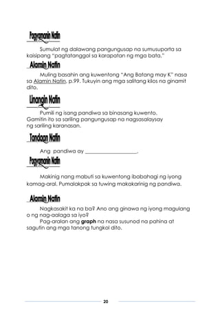 20
Sumulat ng dalawang pangungusap na sumusuporta sa
kaisipang “pagtatanggol sa karapatan ng mga bata.”
Muling basahin ang kuwentong “Ang Batang may K” nasa
sa Alamin Natin, p.99. Tukuyin ang mga salitang kilos na ginamit
dito.
Pumili ng isang pandiwa sa binasang kuwento.
Gamitin ito sa sariling pangungusap na nagsasalaysay
ng sariling karanasan.
Ang pandiwa ay ____________________.
Makinig nang mabuti sa kuwentong ibabahagi ng iyong
kamag-aral. Pumalakpak sa tuwing makakarinig ng pandiwa.
Nagkasakit ka na ba? Ano ang ginawa ng iyong magulang
o ng nag-aalaga sa iyo?
Pag-aralan ang graph na nasa susunod na pahina at
sagutin ang mga tanong tungkol dito.
 