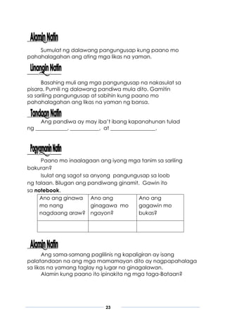 23
Sumulat ng dalawang pangungusap kung paano mo
pahahalagahan ang ating mga likas na yaman.
Basahing muli ang mga pangungusap na nakasulat sa
pisara. Pumili ng dalawang pandiwa mula dito. Gamitin
sa sariling pangungusap at sabihin kung paano mo
pahahalagahan ang likas na yaman ng bansa.
Ang pandiwa ay may iba’t ibang kapanahunan tulad
ng ____________, ___________, at _________________.
Paano mo inaalagaan ang iyong mga tanim sa sariling
bakuran?
Isulat ang sagot sa anyong pangungusap sa loob
ng talaan. Bilugan ang pandiwang ginamit. Gawin ito
sa notebook.
Ano ang ginawa
mo nang
nagdaang araw?
Ano ang
ginagawa mo
ngayon?
Ano ang
gagawin mo
bukas?
Ang sama-samang paglilinis ng kapaligiran ay isang
palatandaan na ang mga mamamayan dito ay nagpapahalaga
sa likas na yamang taglay ng lugar na ginagalawan.
Alamin kung paano ito ipinakita ng mga taga-Bataan?
 