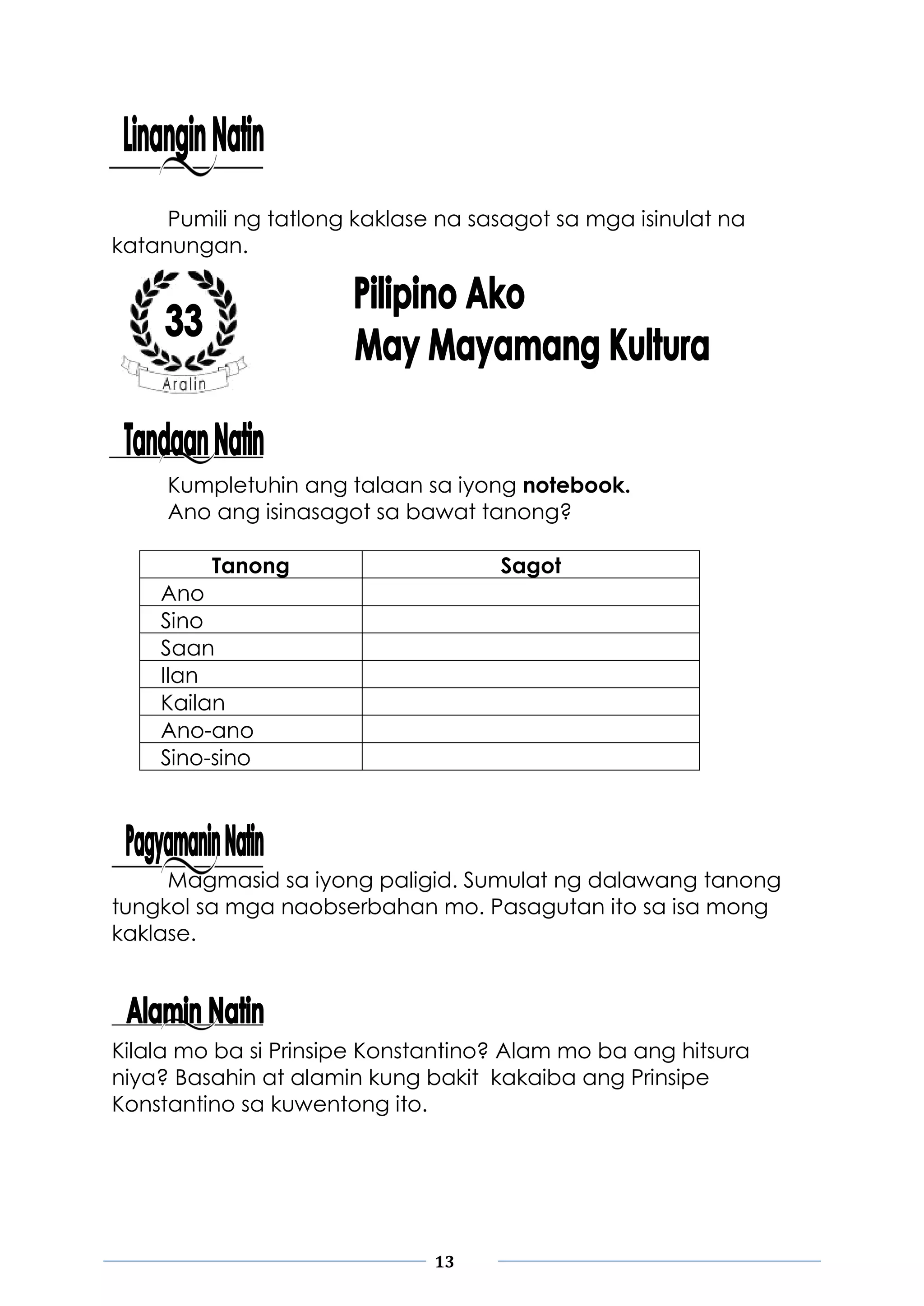 13
Pumili ng tatlong kaklase na sasagot sa mga isinulat na
katanungan.
Kumpletuhin ang talaan sa iyong notebook.
Ano ang isinasagot sa bawat tanong?
Tanong Sagot
Ano
Sino
Saan
Ilan
Kailan
Ano-ano
Sino-sino
Magmasid sa iyong paligid. Sumulat ng dalawang tanong
tungkol sa mga naobserbahan mo. Pasagutan ito sa isa mong
kaklase.
Kilala mo ba si Prinsipe Konstantino? Alam mo ba ang hitsura
niya? Basahin at alamin kung bakit kakaiba ang Prinsipe
Konstantino sa kuwentong ito.
 