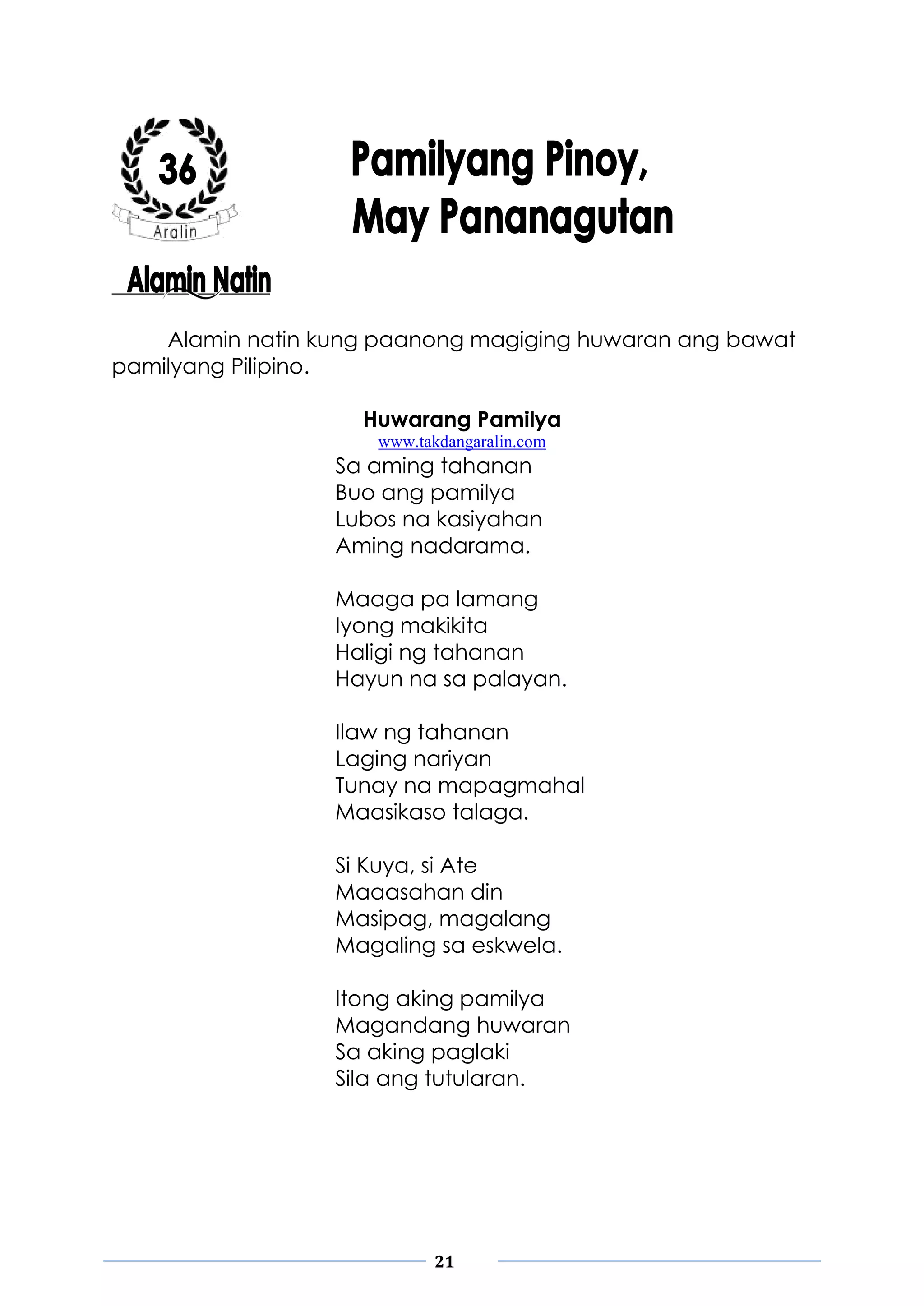 21
Alamin natin kung paanong magiging huwaran ang bawat
pamilyang Pilipino.
Huwarang Pamilya
www.takdangaralin.com
Sa aming tahanan
Buo ang pamilya
Lubos na kasiyahan
Aming nadarama.
Maaga pa lamang
Iyong makikita
Haligi ng tahanan
Hayun na sa palayan.
Ilaw ng tahanan
Laging nariyan
Tunay na mapagmahal
Maasikaso talaga.
Si Kuya, si Ate
Maaasahan din
Masipag, magalang
Magaling sa eskwela.
Itong aking pamilya
Magandang huwaran
Sa aking paglaki
Sila ang tutularan.
 