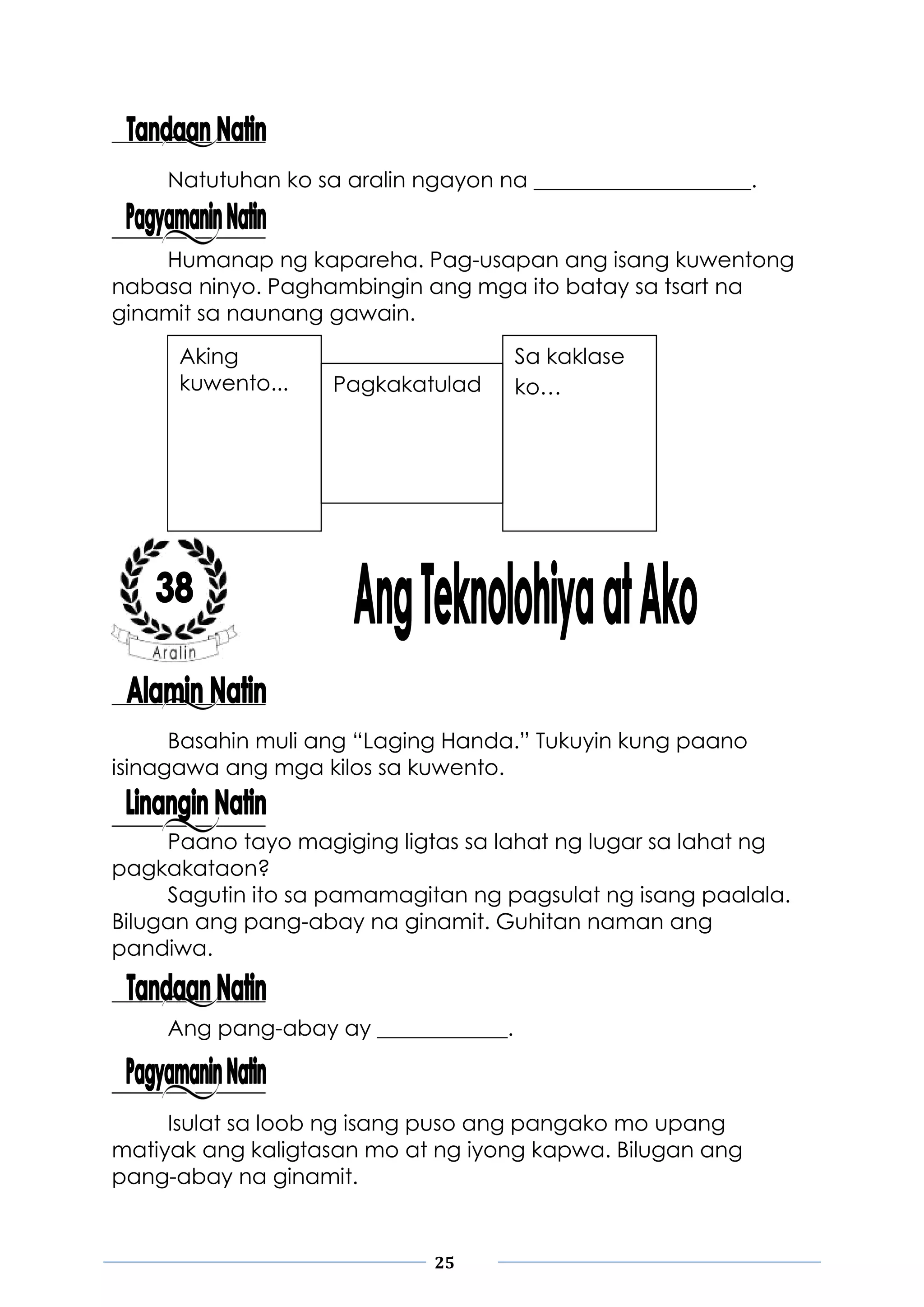 25
Natutuhan ko sa aralin ngayon na ____________________.
Humanap ng kapareha. Pag-usapan ang isang kuwentong
nabasa ninyo. Paghambingin ang mga ito batay sa tsart na
ginamit sa naunang gawain.
Basahin muli ang “Laging Handa.” Tukuyin kung paano
isinagawa ang mga kilos sa kuwento.
Paano tayo magiging ligtas sa lahat ng lugar sa lahat ng
pagkakataon?
Sagutin ito sa pamamagitan ng pagsulat ng isang paalala.
Bilugan ang pang-abay na ginamit. Guhitan naman ang
pandiwa.
Ang pang-abay ay ____________.
Isulat sa loob ng isang puso ang pangako mo upang
matiyak ang kaligtasan mo at ng iyong kapwa. Bilugan ang
pang-abay na ginamit.
Aking
kuwento...
Sa kaklase
ko…Pagkakatulad
 