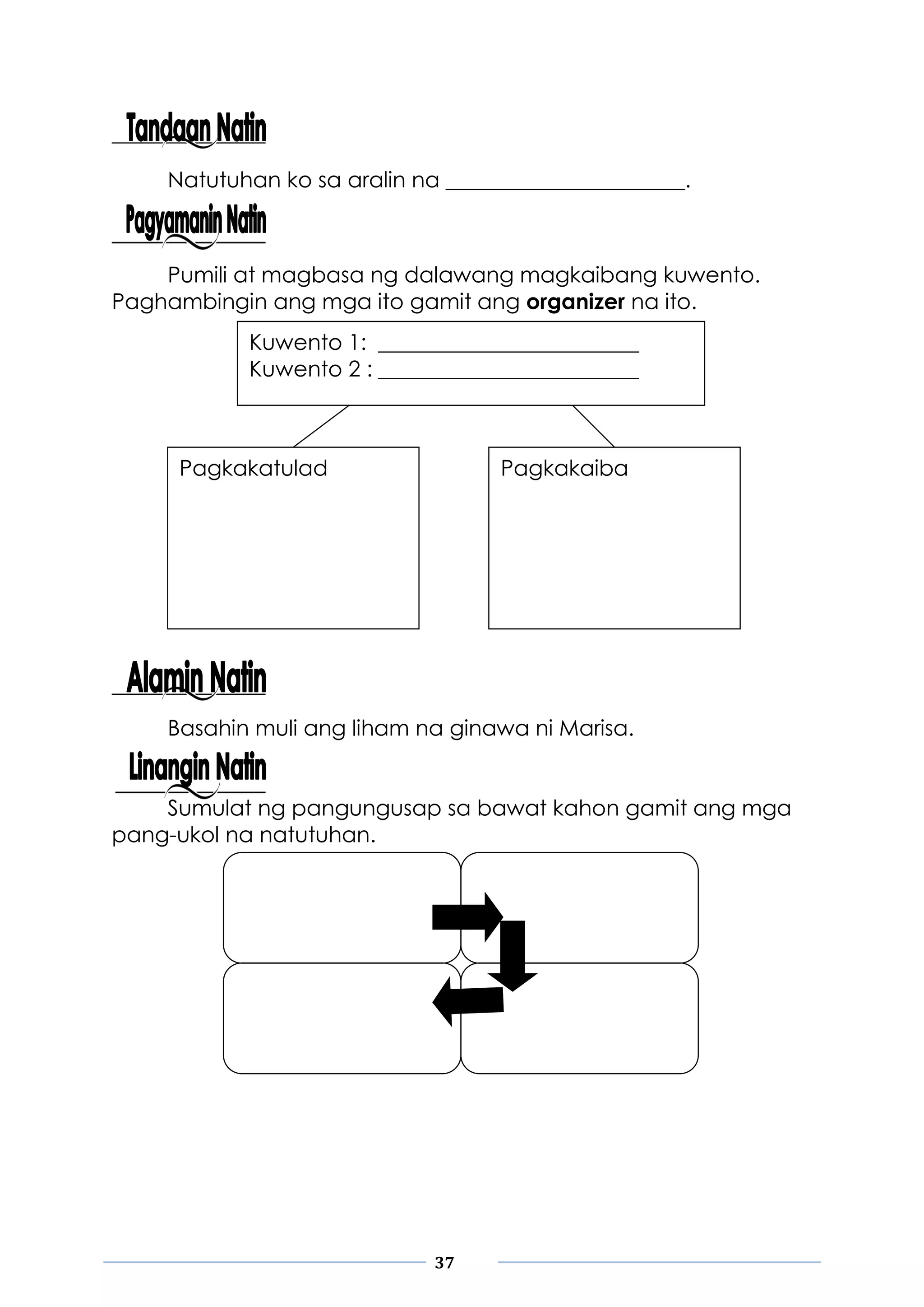 37
Natutuhan ko sa aralin na ______________________.
Pumili at magbasa ng dalawang magkaibang kuwento.
Paghambingin ang mga ito gamit ang organizer na ito.
Basahin muli ang liham na ginawa ni Marisa.
Sumulat ng pangungusap sa bawat kahon gamit ang mga
pang-ukol na natutuhan.
Kuwento 1: ________________________
Kuwento 2 : ________________________
Pagkakatulad Pagkakaiba
 