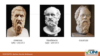 GORGIAS
(483 – 375 a.C.)
TRASÍMACO
(459 – 400 a.C.)
CALICLES
DOCENTE: Barbra Zavala Solimano
 