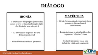 IRONÍA
- El interloculor da ejemplos particulares
donde se cree se ha actuado según algún
valor (justicia, honradez, etc.)
-
- El interlocutor no puede dar una
definición universal
-
- El interlocutor admite su ignorancia
MAYÉUTICA
- El interlocutor, siendo consciente de su
ignorancia, busca ahora el
conocimiento
- Busca dentro de su alma las ideas, las
respuestas. “Alumbra” ideas
- Mediante preguntas busca una
definición válida universalmente
DIÁLOGO
DOCENTE: Barbra Zavala Solimano
 