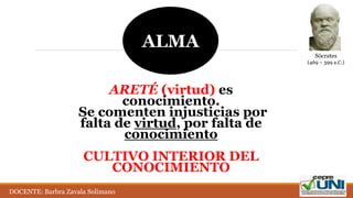 ALMA
ARETÉ (virtud) es
conocimiento.
Se comenten injusticias por
falta de virtud, por falta de
conocimiento
CULTIVO INTERIOR DEL
CONOCIMIENTO
Sócrates
(469 – 399 a.C.)
DOCENTE: Barbra Zavala Solimano
 