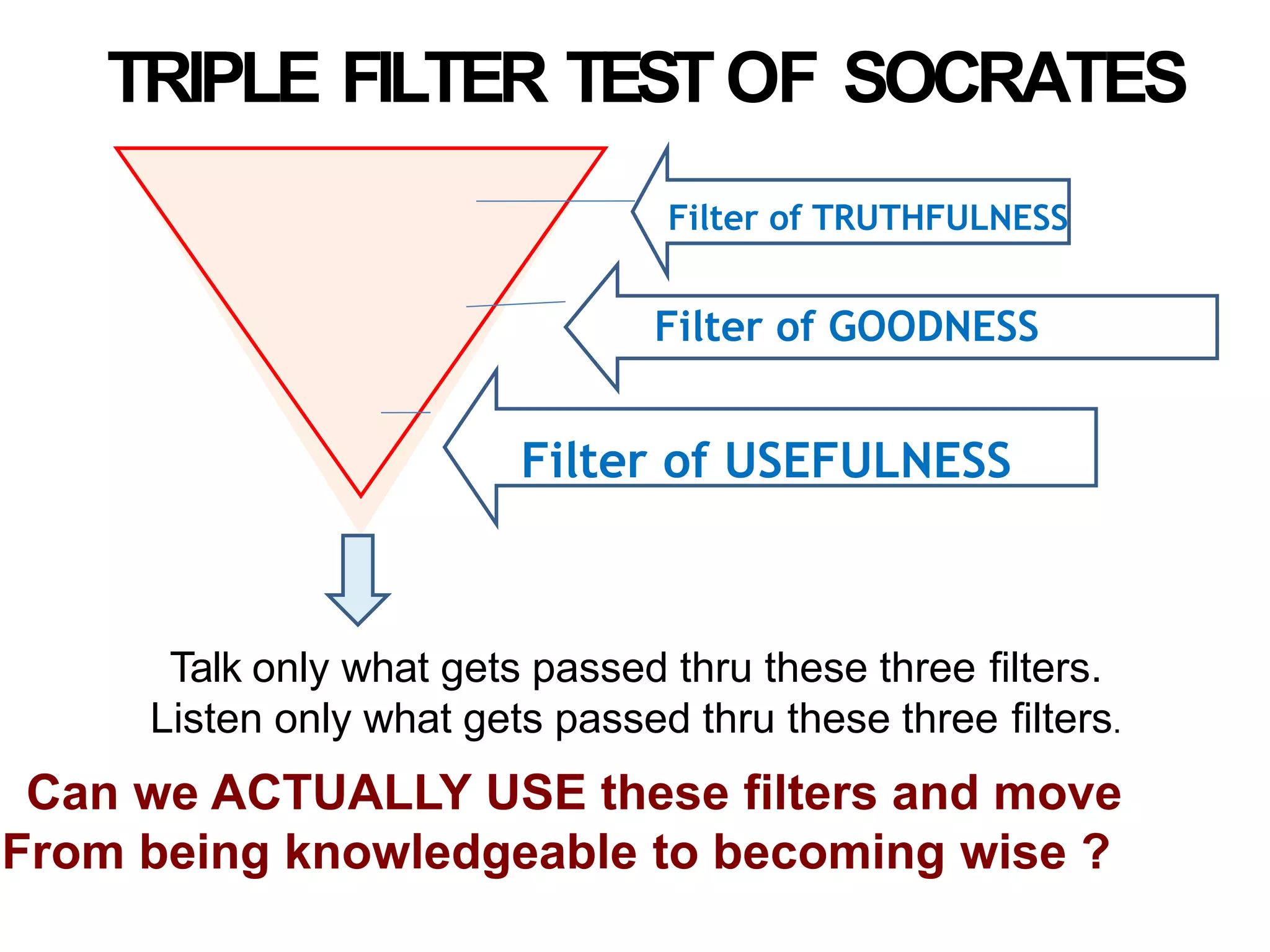 Filter of TRUTHFULNESS
Talk only what gets passed thru these three filters.
Listen only what gets passed thru these three filters.
TRIPLE FILTER TESTOF SOCRATES
Can we ACTUALLY USE these filters and move
From being knowledgeable to becoming wise ?
Filter of USEFULNESS
Filter of GOODNESS
 