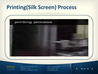 Printing(Silk Screen) Process

Corporation

Sihwa Industrial Complex 3 Ga
Jeongwang 1-dong
Siheung-si, Gyeonggi-do, Korea

Phone 031-485-8766
www.sung-jin.com
korea@sungjin.com

20 of 25

 