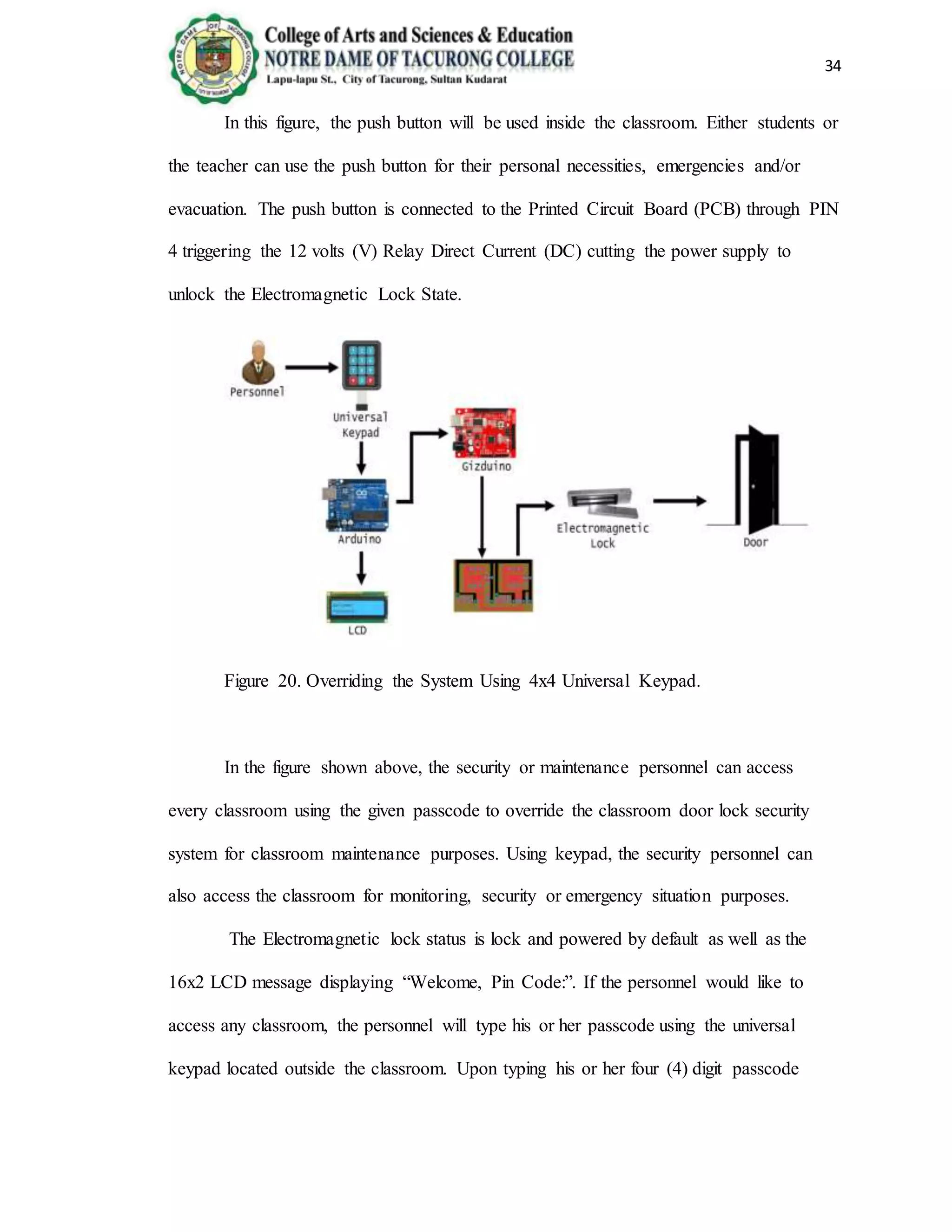 34
In this figure, the push button will be used inside the classroom. Either students or
the teacher can use the push button for their personal necessities, emergencies and/or
evacuation. The push button is connected to the Printed Circuit Board (PCB) through PIN
4 triggering the 12 volts (V) Relay Direct Current (DC) cutting the power supply to
unlock the Electromagnetic Lock State.
Figure 20. Overriding the System Using 4x4 Universal Keypad.
In the figure shown above, the security or maintenance personnel can access
every classroom using the given passcode to override the classroom door lock security
system for classroom maintenance purposes. Using keypad, the security personnel can
also access the classroom for monitoring, security or emergency situation purposes.
The Electromagnetic lock status is lock and powered by default as well as the
16x2 LCD message displaying “Welcome, Pin Code:”. If the personnel would like to
access any classroom, the personnel will type his or her passcode using the universal
keypad located outside the classroom. Upon typing his or her four (4) digit passcode
 