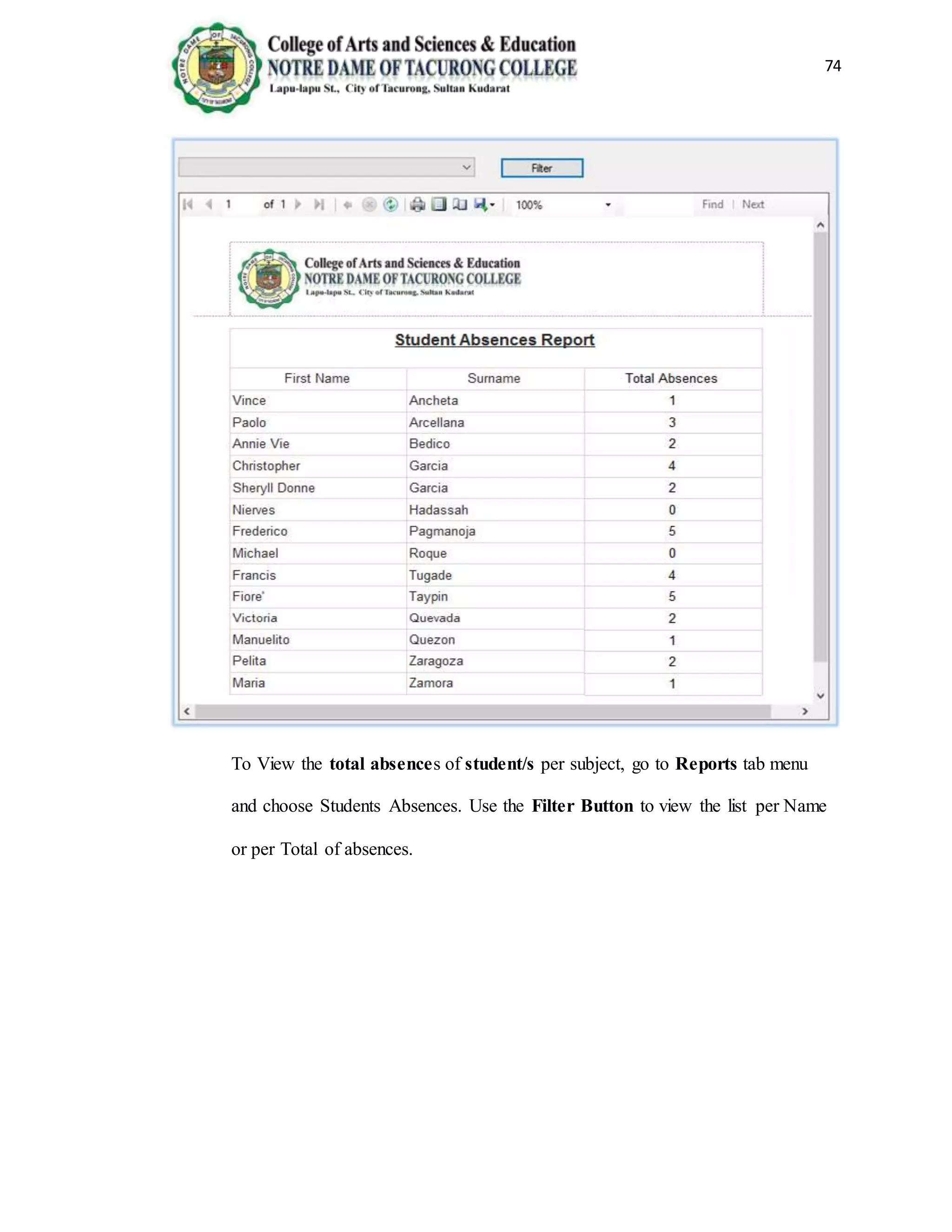 74
To View the total absences of student/s per subject, go to Reports tab menu
and choose Students Absences. Use the Filter Button to view the list per Name
or per Total of absences.
 