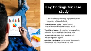 Key findings for case
study
Case studies in psychology highlight important
consumer behavior insights:
Motivation and needs: Understanding
consumer motivations and needs is crucial
Cognitive processes: Consumers employ various
cognitive processes when making decision
Brand loyalty: Case studies reveal factors
influencing brand loyalty
Consumer satisfaction: Case studies help identify
factors impacting consumer satisfaction
 