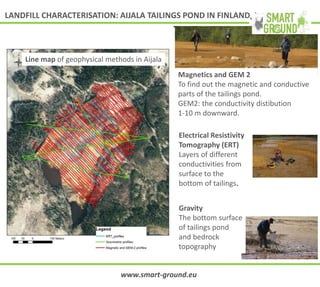 Magnetics and GEM 2
To find out the magnetic and conductive
parts of the tailings pond.
GEM2: the conductivity distibution
1-10 m downward.
Electrical Resistivity
Tomography (ERT)
Layers of different
conductivities from
surface to the
bottom of tailings.
Gravity
The bottom surface
of tailings pond
and bedrock
topography
Line map of geophysical methods in Aijala
LANDFILL CHARACTERISATION: AIJALA TAILINGS POND IN FINLAND
www.smart-ground.eu
 