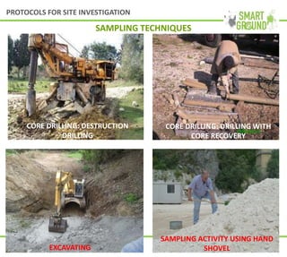www.smart-ground.eu
SAMPLING TECHNIQUES
CORE DRILLING: DESTRUCTION
DRILLING
CORE DRILLING: DRILLING WITH
CORE RECOVERY
EXCAVATING
SAMPLING ACTIVITY USING HAND
SHOVEL
PROTOCOLS FOR SITE INVESTIGATION
 